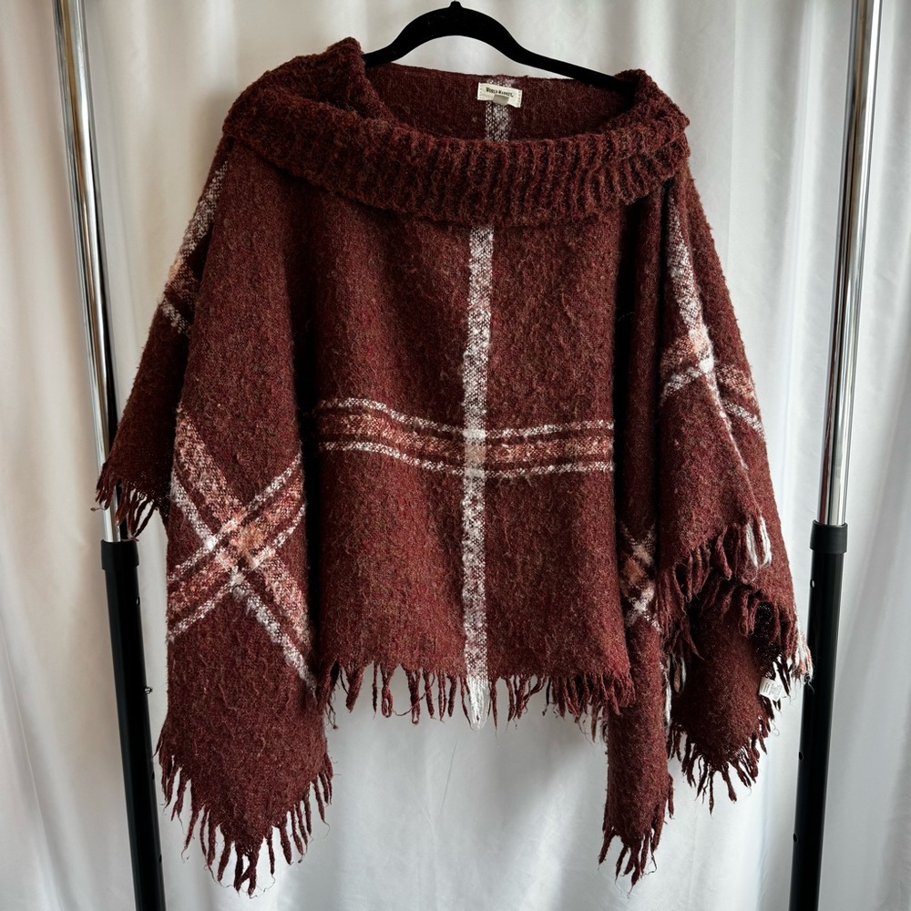 Rust Plaid Poncho Sweater Fringe Cozy Boho Layer Wrap Casual Textured